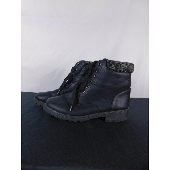 Rue21 Black Lace-Up Combat Ankle Boots 9 - Knit Cuff Lug Sole - Good - Picture 4 of 7